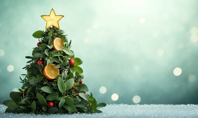 Small herbal christmas tree decorating a festive winter scene with star, orange slices, and red baubles on a glitter surface