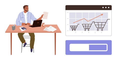 Professional at desk reviewing documents while laptop displays e-commerce cart graph trends. Ideal for business, marketing, e-commerce, strategy, growth, analytics, progress. Simple flat metaphor