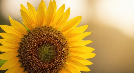 Naklejka premium Bright yellow sunflower blossom faces warm light with ample copy space