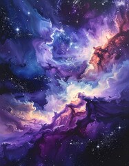 A swirling nebula in a cosmos, painted with dreamy blues, purples, and reddish-brown hues, peppered with starlight