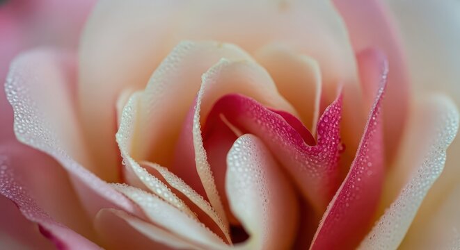 Extreme close up reveals delicate water droplets clinging to the edges of layered pink and cream colored flower petals