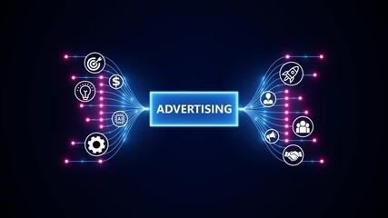 Digital advertising and marketing strategy for modern business growth. Optimization of business and production processes. Virtual network connecting service with graphical icons in various. - Powered by Adobe