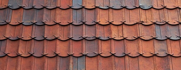 weathered rusted metal roof with scalloped overlapping tiles in warm red and orange tones, textured repeating pattern conveying a rustic nostalgic mood