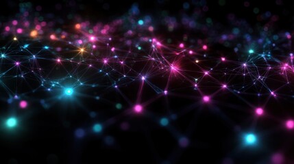 glowing neon network of interconnected nodes and lines over a dark field, evoking futuristic wonder and electric energy