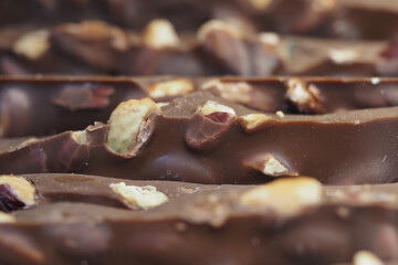 Delicious chocolate with nuts on display