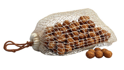 Coated crunchy snacks in mesh string bag with few pieces out isolated on transparent background