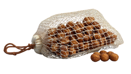 Coated crunchy snacks in mesh string bag with few pieces out isolated on transparent background