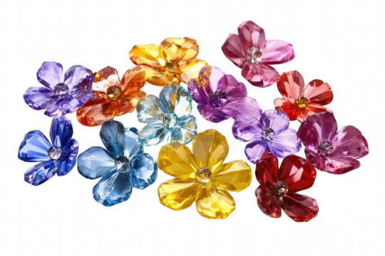 A arrangement of colorful crystal flowers in various shades. intricate designs and sparkling details. perfect for decorative purposes or artistic displays