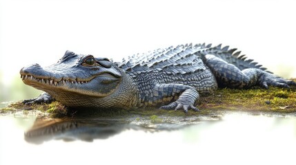 Obraz premium Large alligator resting on a mossy bank beside still water with a calm, watchful expression and clear reflection
