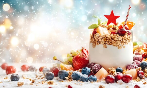 Healthy breakfast yogurt parfait with granola, berries, and a festive star, symbolizing holiday season celebrations