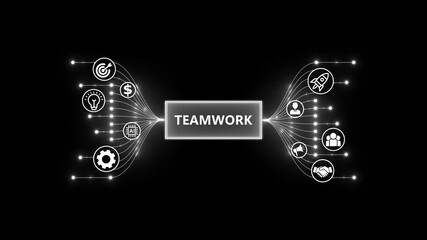Futuristic digital animation illustrating teamwork. Optimization of business and production processes. Virtual network connecting service with graphical icons in various. - Powered by Adobe