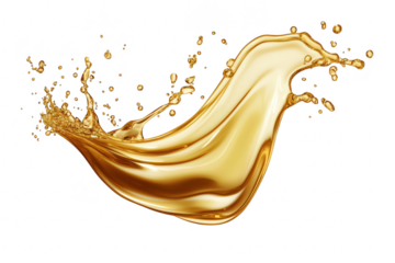 A dynamic splash of golden liquid gracefully arcs through the air against a pure white background. capturing a moment of fluid motion ideal for culinary or artistic use