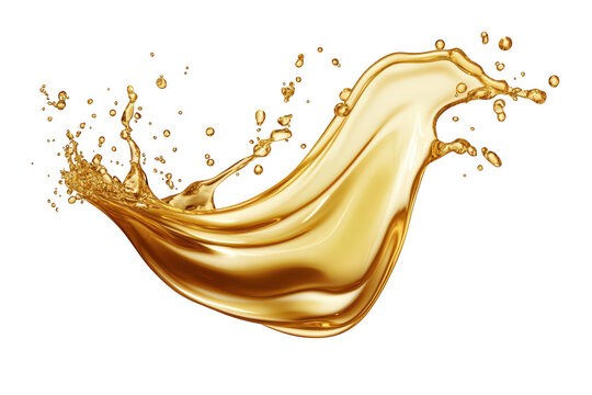 A dynamic splash of golden liquid gracefully arcs through the air against a pure white background. capturing a moment of fluid motion ideal for culinary or artistic use