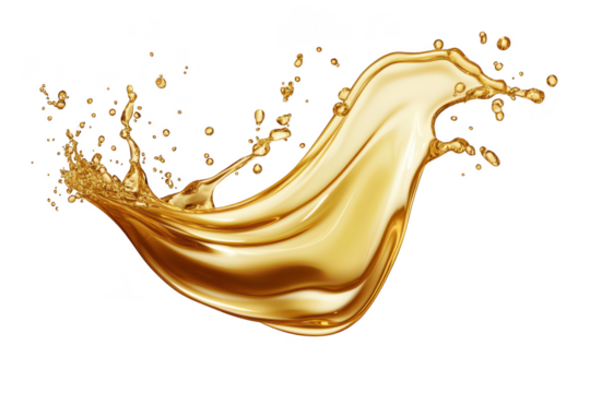 A dynamic splash of golden liquid gracefully arcs through the air against a pure white background. capturing a moment of fluid motion ideal for culinary or artistic use
