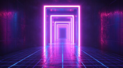 Neon corridor of glowing magenta and cyan rectangular frames, reflective tiled grid floor, dark misty walls and symmetric vanishing tunnel with a futuristic, hypnotic mood