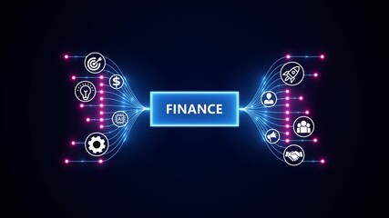 Finance, investment, and economic success. Optimization of business and production processes. Virtual network connecting service with graphical icons in various.