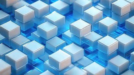 array of glossy translucent cubes arranged in a glowing blue grid, reflecting light and evoking cool futuristic precision and orderly digital calm