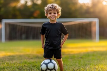 Young boy standing confidently with soccer ball at his feet in front of goal on sunlit grassy field, hands in pockets, curly hair, warm late afternoon light