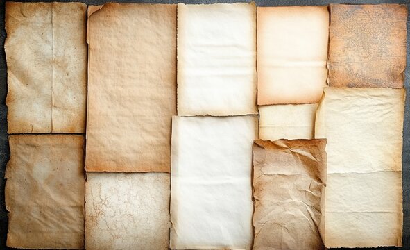 Arrangement of multiple aged, stained, torn and creased papers with burnt edges and a faded map fragment in a layered grid, evoking nostalgia and historical memory