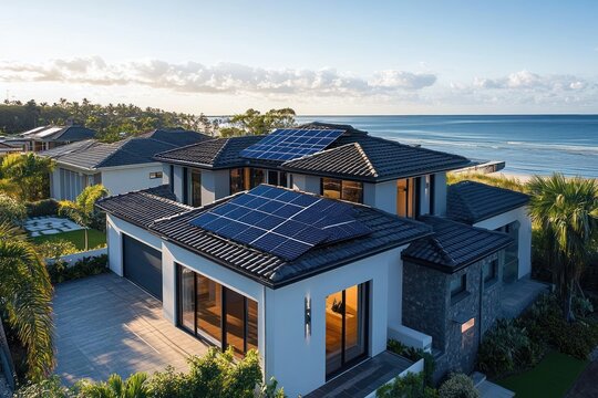 modern beachfront two-story house with solar panels on tiled roofs, large glass windows and garage, palm trees and lush landscaping by calm ocean at golden hour, serene coastal home