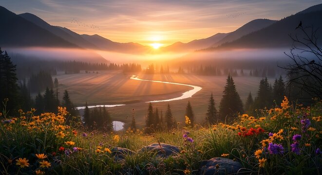 Scenic landscape of mountains and river at sunrise with golden light