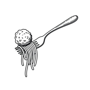 Hand drawn sketch of spaghetti and meatball on a fork