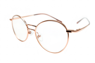 Stylish round glasses with a rose gold frame positioned elegantly on a white background. ideal for fashion or accessory photography modern eyewear trends