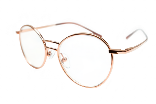 Stylish round glasses with a rose gold frame positioned elegantly on a white background. ideal for fashion or accessory photography modern eyewear trends