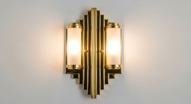 Close up of a gold art deco style wall sconce with two frosted glass shades on a white wall surface