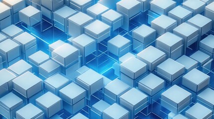 futuristic grid of glossy translucent blue 3d cubes on a glowing circuitry-like surface conveying calm precision and high-tech order