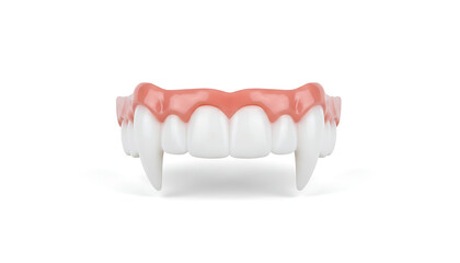 Close up view of a pair of vampire fangs with white teeth and pink gums on a white background