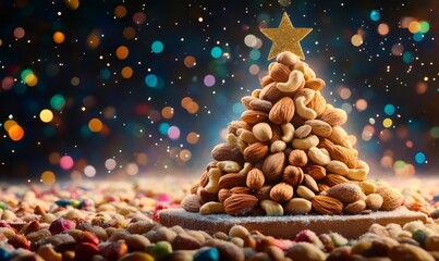Nuts forming a christmas tree shape, crowned with a golden star, sitting on a table scattered with candies and colorful bokeh