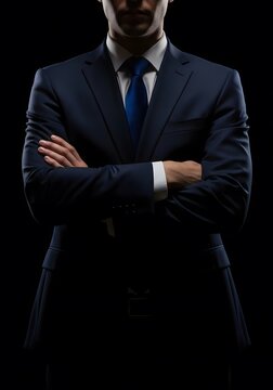 Confident Businessman with Folded Arms in Blue Suit Dramatic Low Key Corporate Portrait