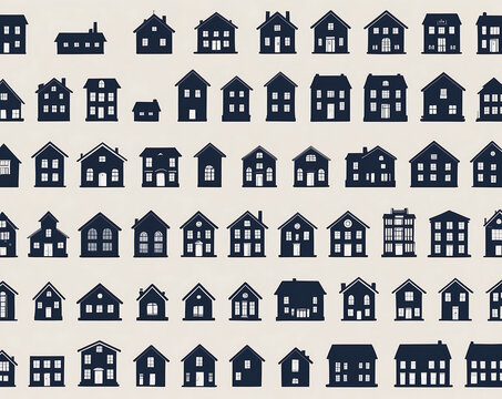 Silhouetted houses arranged in a grid pattern on a beige background