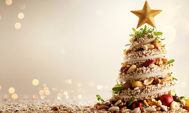 Christmas tree made from various nuts, seeds, and greenery, topped with a golden star, on a festive bokeh background