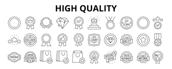 30 High Quality Line Icons Vector - Diamond, Top Tier, Gold Medal, Platinum Seal, Best Choice, Certified Badge, Premium Tag
