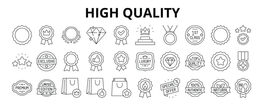 30 High Quality Line Icons Vector - Diamond, Top Tier, Gold Medal, Platinum Seal, Best Choice, Certified Badge, Premium Tag