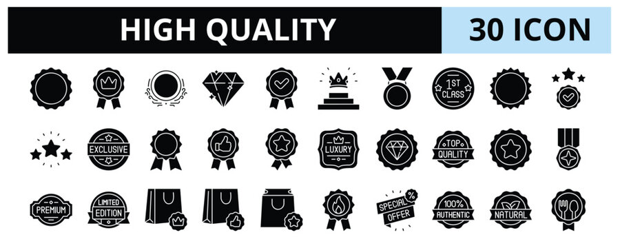 30 High Quality Glyph Icons Vector - Diamond, Top Tier, Gold Medal, Platinum Seal, Best Choice, Certified Badge, Premium Tag