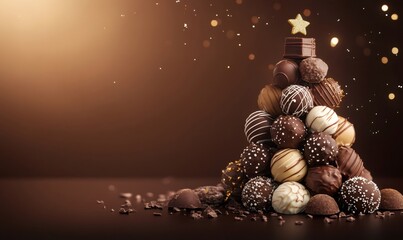 Assorted chocolates and truffles forming a decorative christmas tree, symbolizing festive indulgence and sweet holiday treats