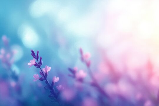 delicate purple wildflower sprigs with tiny pink buds against dreamy pastel blue and pink bokeh, serene peaceful morning light - Powered by Adobe