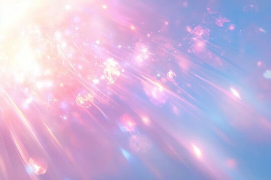 dreamy pastel pink, purple, and blue light rays with shimmering bokeh, glowing sparkles and radiant streaks conveying an ethereal uplifting mood