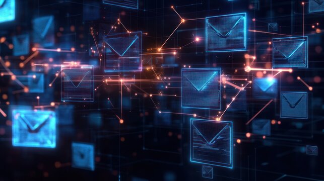 floating holographic envelope icons and glowing network nodes connected by luminous lines over a dark tech grid, conveying dynamic futuristic digital communication and connectivity - Powered by Adobe
