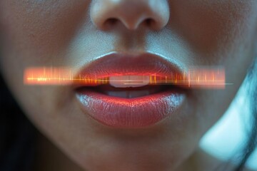 Close-up of cheek and jawline with visible skin texture and short stubble, glowing orange audio waveform overlay near the mouth, cool blue background, contemplative technological mood