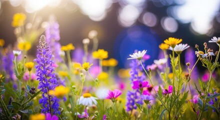 Vibrant wildflowers bloom abundantly under bright sunlight in a natural field setting