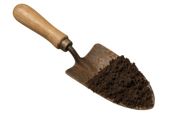 Garden trowel holding dark soil, ready for planting and cultivating, symbolizing horticulture and gardening activity