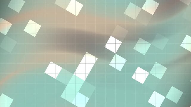 Floating translucent cubes drift above a turquoise grid, casting soft light across pastel gradients