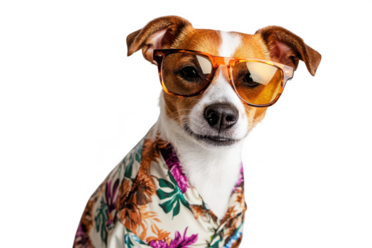 A stylish dog wearing oversized sunglasses and a colorful floral shirt poses confidently against a plain background. a fun and trendy vibe. ideal for pet fashion promotions