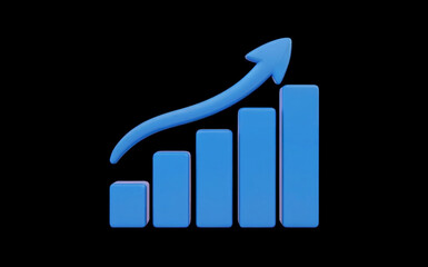 Blue bar graph with upward arrow showing growth and success