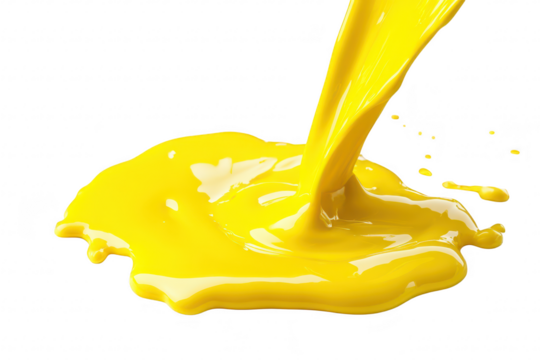 A stream of yellow paint pouring onto a white surface. creating a dynamic splash effect. ideal for artistic projects. design backgrounds. or creative advertising