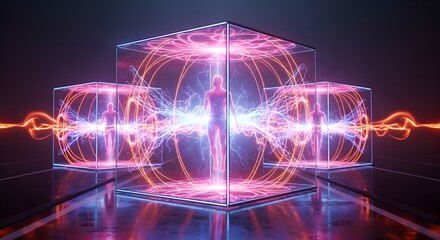 Energy Filled Sci-Fi Cube With Multiple Human Figures and Electric Neon Waves